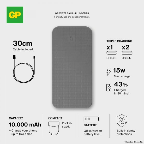 GP Powerbank Plus 10 000 mAh Sort