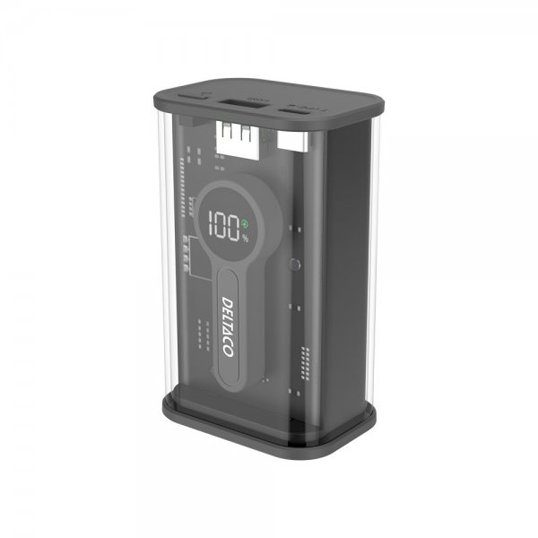 Deltaco Powerbank Transparent 10.000 mAh Hurtig Opladning Sort