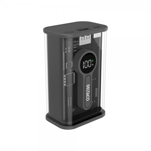 Deltaco Powerbank Transparent 10.000 mAh Hurtig Opladning Sort