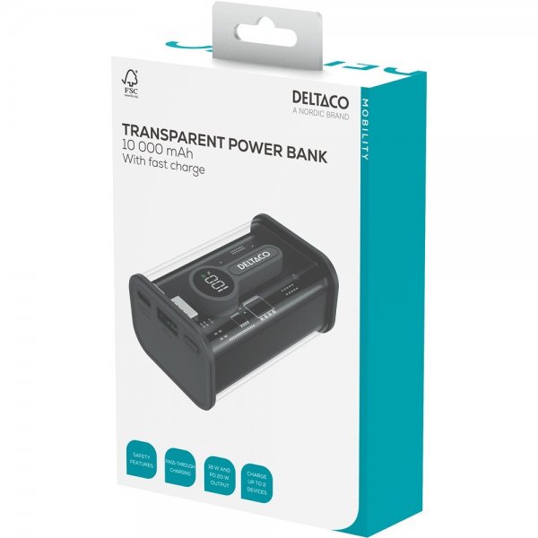 Deltaco Powerbank Transparent 10.000 mAh Hurtig Opladning Sort