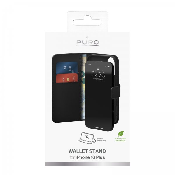 Puro iPhone 16 Plus Cover Wallet Stand Sort