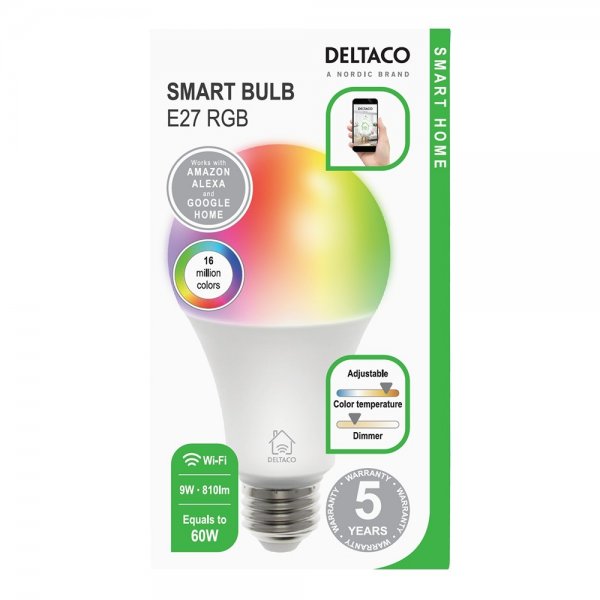Deltaco Smart Home RGB LED-pære E27 WiFi 9W