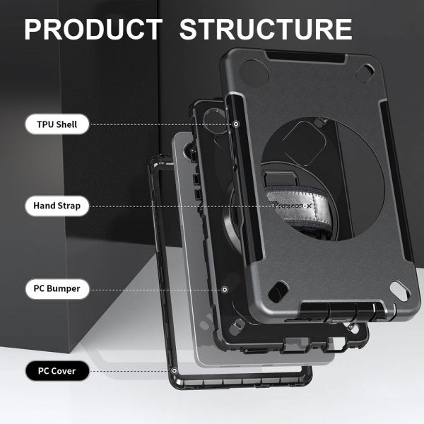 Armor-X Samsung Galaxy Tab A9 Cover Rainproof Robust Cover Håndstrop Støttefod Sort