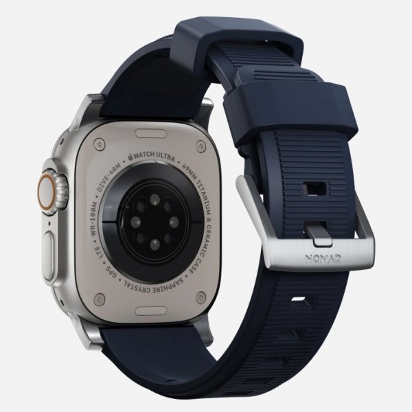 Nomad Apple Watch 44/45/46mm/Apple Watch Ultra Rem Rugged Band Sølv Hardware Atlantic Blå