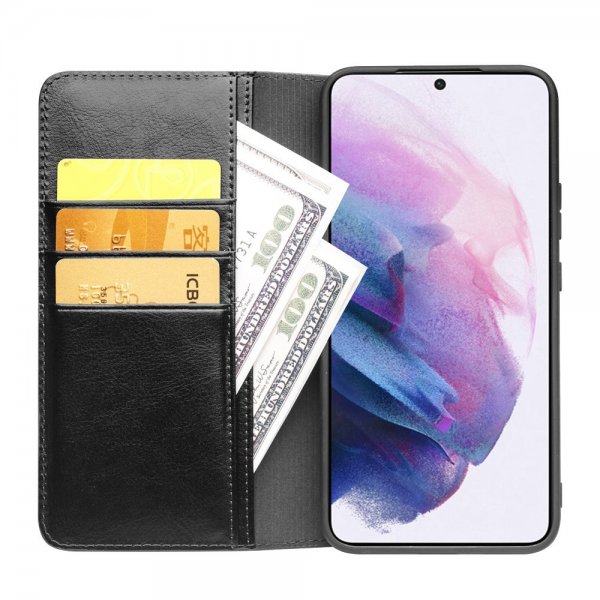 Qialino Samsung Galaxy S22 Cover Ægte læder Kortlomme Sort