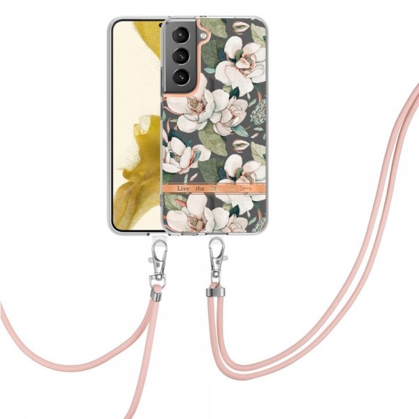 Samsung Galaxy S22 Plus Cover Blomstermønster med Rem Grøn Gardenia