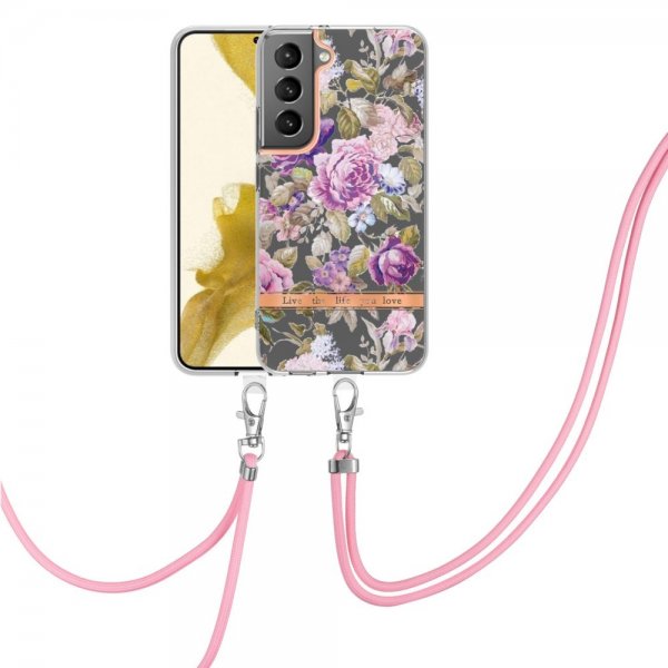 Samsung Galaxy S22 Plus Cover Blomstermønster med Rem Lilla Pæoner