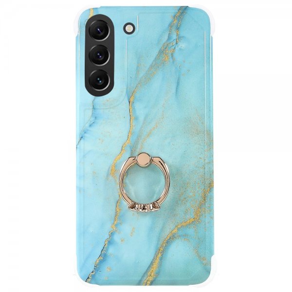 Samsung Galaxy S22 Plus Cover med Ring Marmormønster Lyseblå