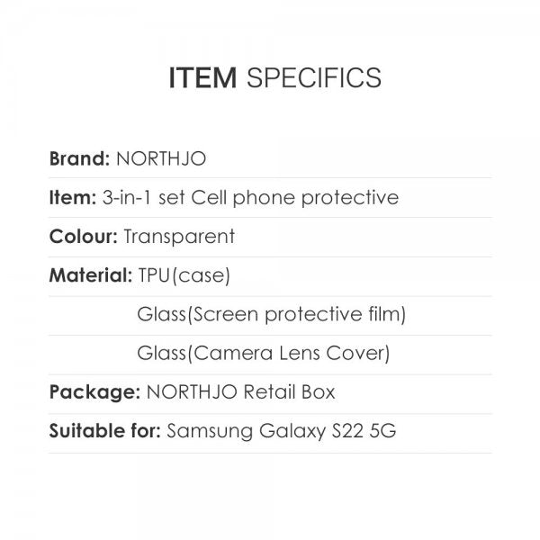 Northjo Samsung Galaxy S22 Cover med Skærmbeskytter og Kamerabeskyttelse 3-i-1