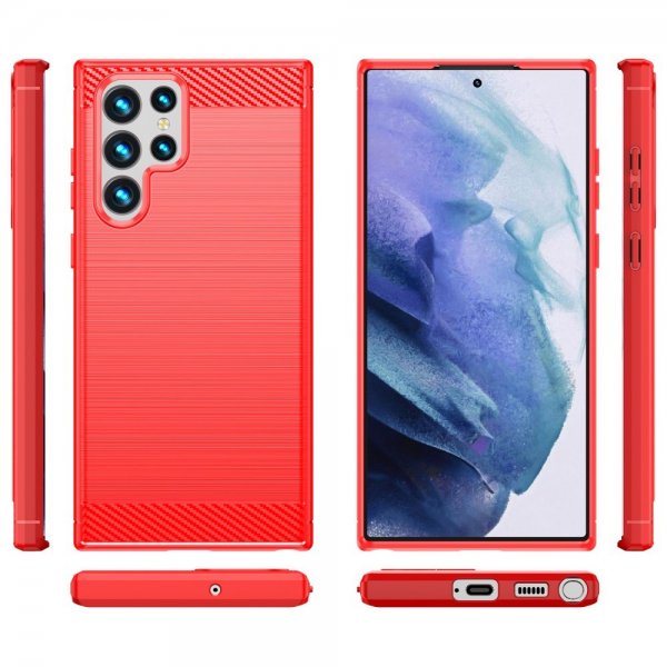 Samsung Galaxy S22 Ultra Cover Børstet Kulfibertekstur Rød