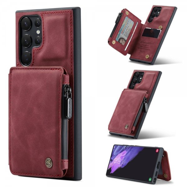 CaseMe Samsung Galaxy S22 Ultra Cover C20 Kortlomme Lynlås Rød