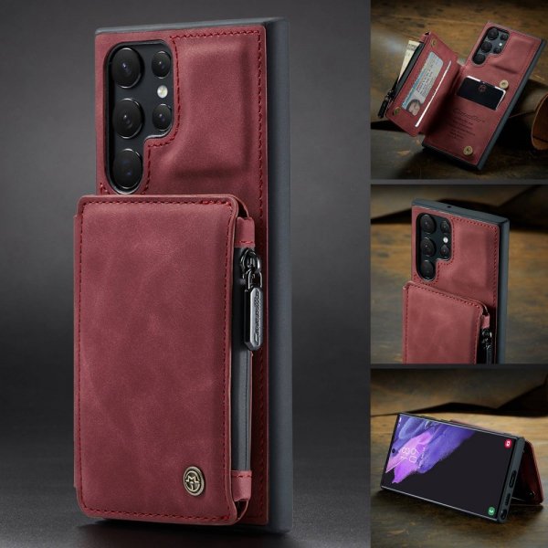 CaseMe Samsung Galaxy S22 Ultra Cover C20 Kortlomme Lynlås Rød