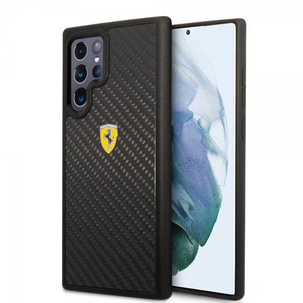 Ferrari Samsung Galaxy S22 Ultra Cover Ægte Carbon Metal Logo Sort