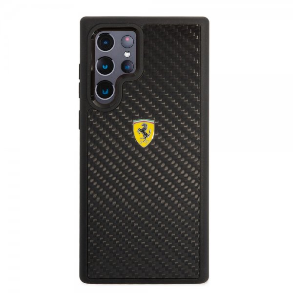 Ferrari Samsung Galaxy S22 Ultra Cover Ægte Carbon Metal Logo Sort