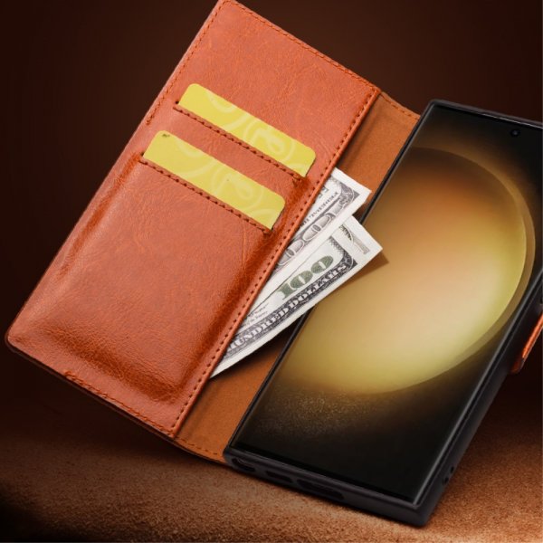 Qialino Samsung Galaxy S23 Etui Ægte Læder Mørkebrun