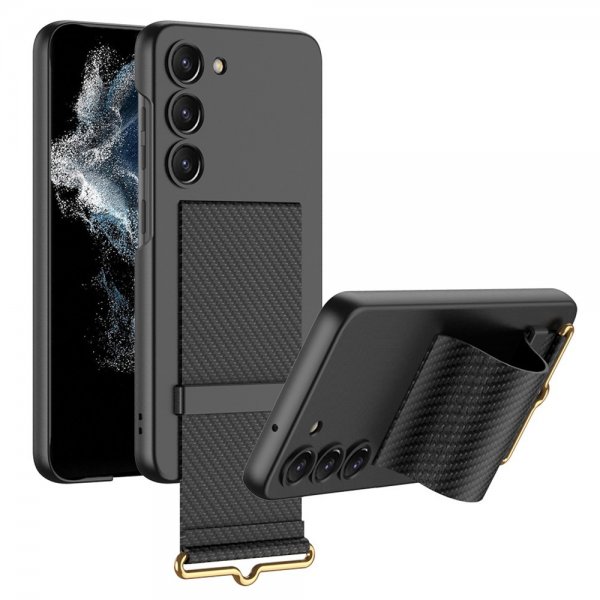 GKK Samsung Galaxy S23 Plus Cover Håndrem Kulfibertekstur Sort