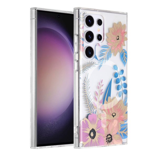 Samsung Galaxy S23 Ultra Cover Blomstermønster MagSafe Rosa Blå