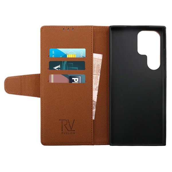 Rvelon Samsung Galaxy S23 Ultra Etui Udfoldeligt Kortfag Brun