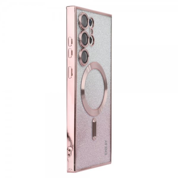 Enkay Samsung Galaxy S24 Ultra Cover Belagt Kant Glitter MagSafe Rosa