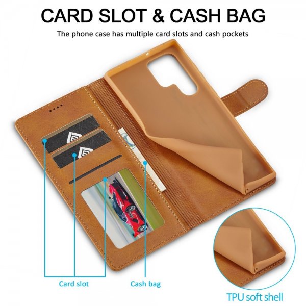 Lc.Imeeke Samsung Galaxy S25 Ultra Cover med Kortlomme Standerfunktion Lysebrun