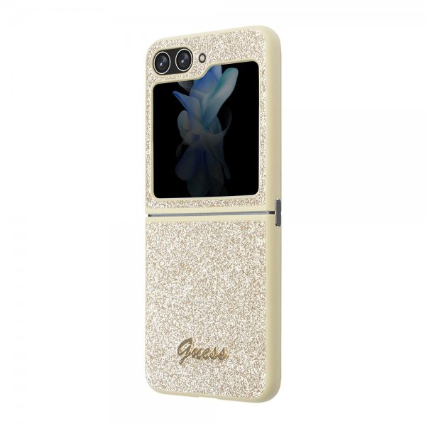 Guess Samsung Galaxy Z Flip 5 Cover Glitter Flakes Metal Logo Guld