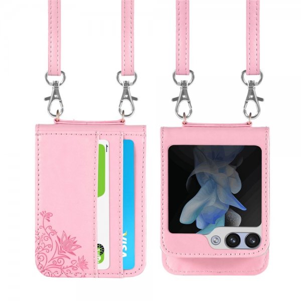 Samsung Galaxy Z Flip 5 Cover med skulderrem kortrum lyserød