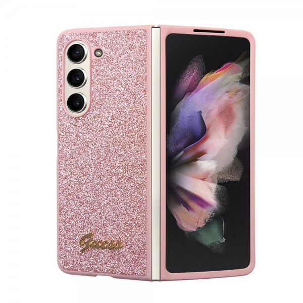 Guess Samsung Galaxy Z Fold 5 Cover Glitter Flakes Metal Logo Rosa