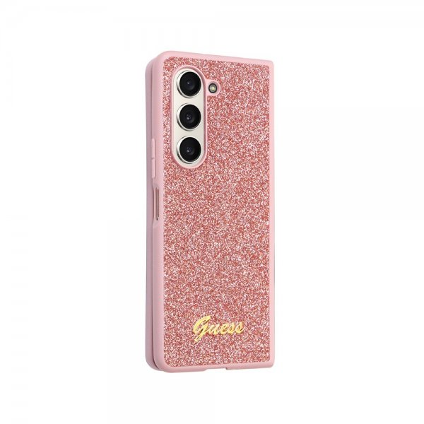 Guess Samsung Galaxy Z Fold 5 Cover Glitter Flakes Metal Logo Rosa