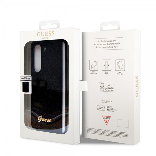 Gues Samsung Galaxy Z Fold 5 Cover Glitter Flakes Metal Logo Sort