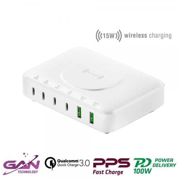 4smarts Skrivebordsoplader 7i1 GaN 100W med Trådløs Opladning Hvid