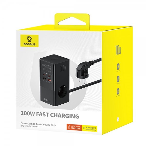 Baseus Skrivebordsoplader PowerCombo Tower Power Strip 100W Sort