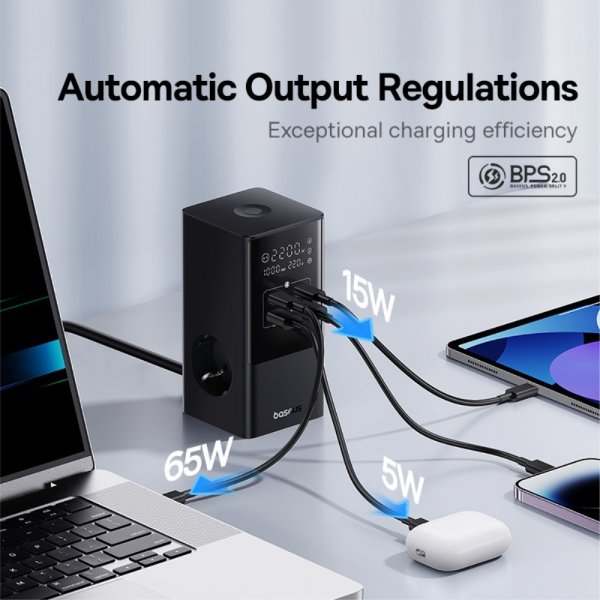 Baseus Skrivebordsoplader PowerCombo Tower Power Strip 100W Sort