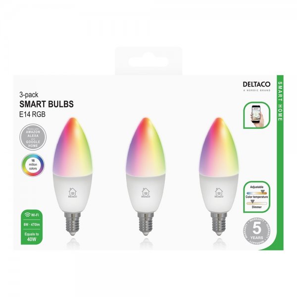 Deltaco Smart Home Smart Glødepære E14 RGB 5W 3-pak
