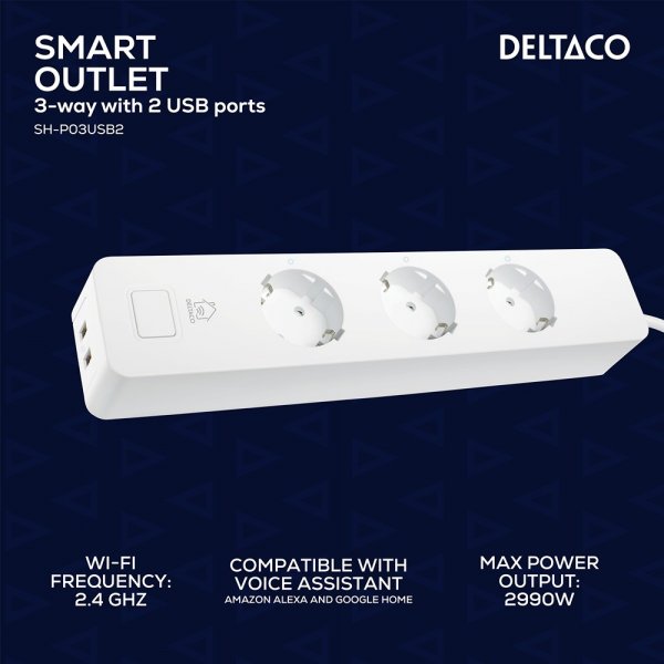 Deltaco Smart Home Smart stikdåse WiFi 3xCEE 7/3 & 2xUSB-A 1.5m