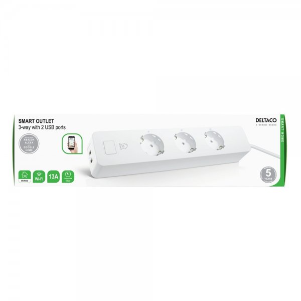 Deltaco Smart Home Smart stikdåse WiFi 3xCEE 7/3 & 2xUSB-A 1.5m