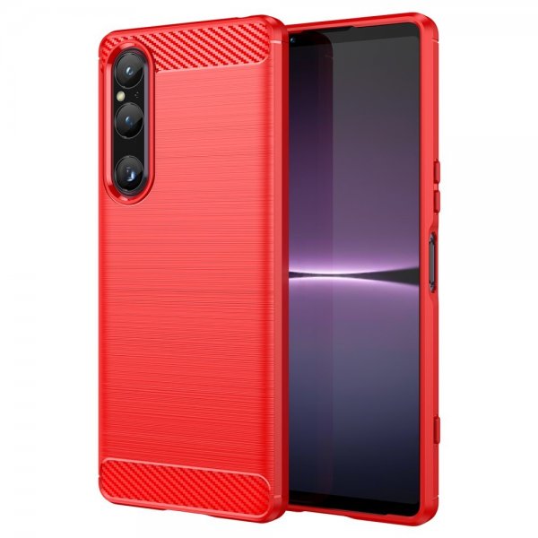Sony Xperia 1 V Cover Børstet Kulfibertekstur Rød