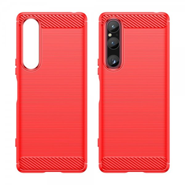 Sony Xperia 1 V Cover Børstet Kulfibertekstur Rød