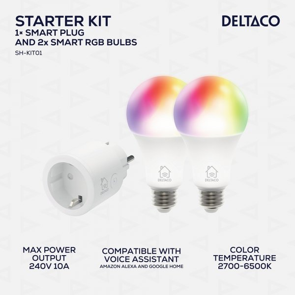 Deltaco Smart Home Starter Kit med Smart Plug og 2 RGB LED-pærer