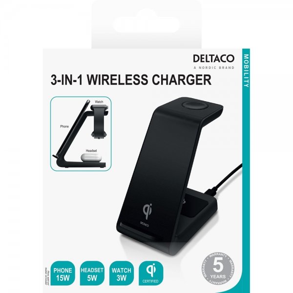 Deltaco Trådløs Oplader 3-i-1 Wireless Charger Sort