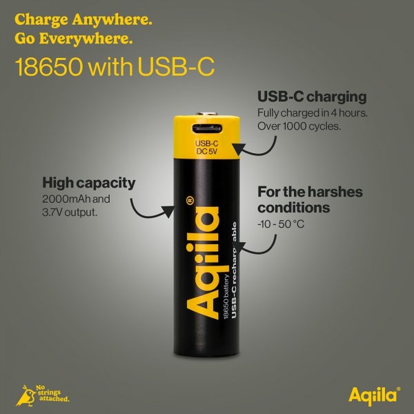 Aqiila Genopladeligt 18650-batteri USB-C