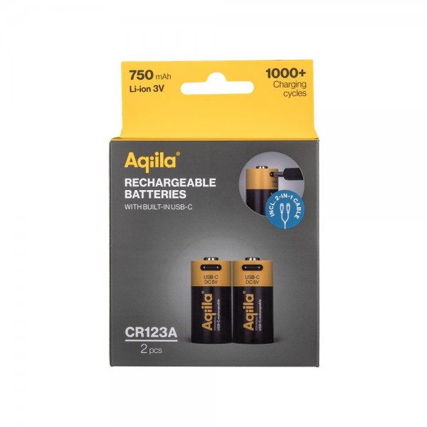 Aqiila Genopladeligt CR123A-batteri USB-C 2-pak