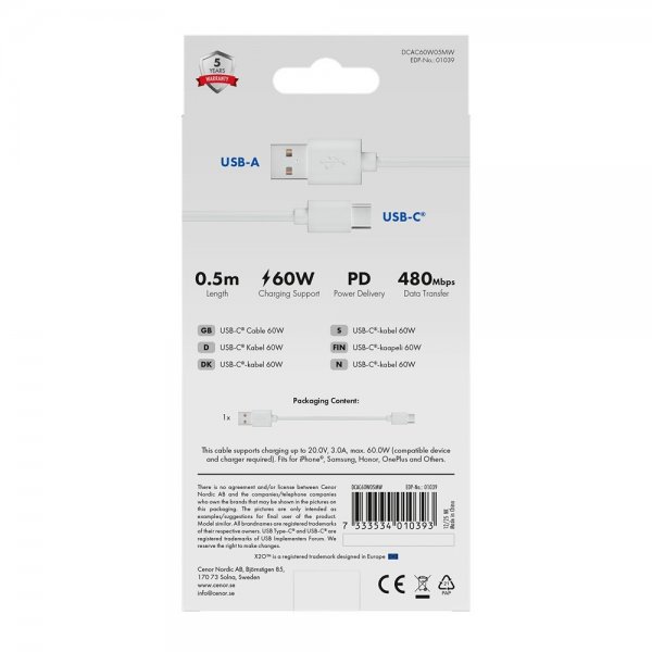 X2O USB-A til USB-C Kabel Basic 60W 0.5m Hvid