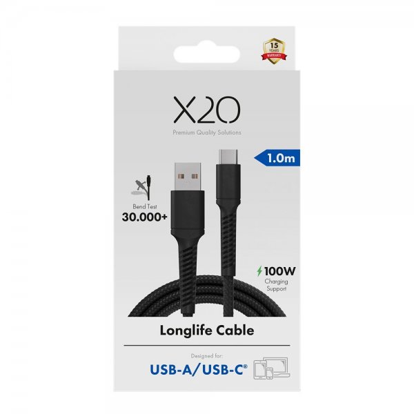 X2O USB-A til USB-C Kabel Longlife 60W 1m Sort