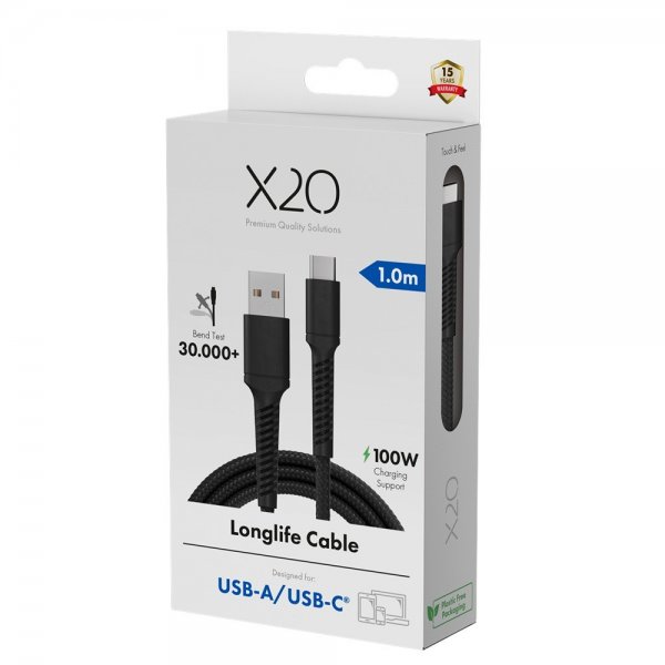 X2O USB-A til USB-C Kabel Longlife 60W 1m Sort