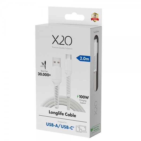 X2O USB-A til USB-C Kabel Longlife 60W 2m Hvid