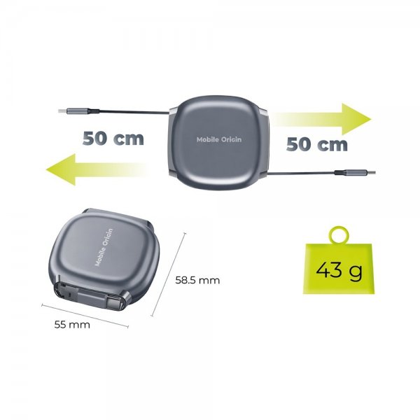 Mobile Origin USB-C Kabel 100W Optrækkeligt Kabel Boks Grå