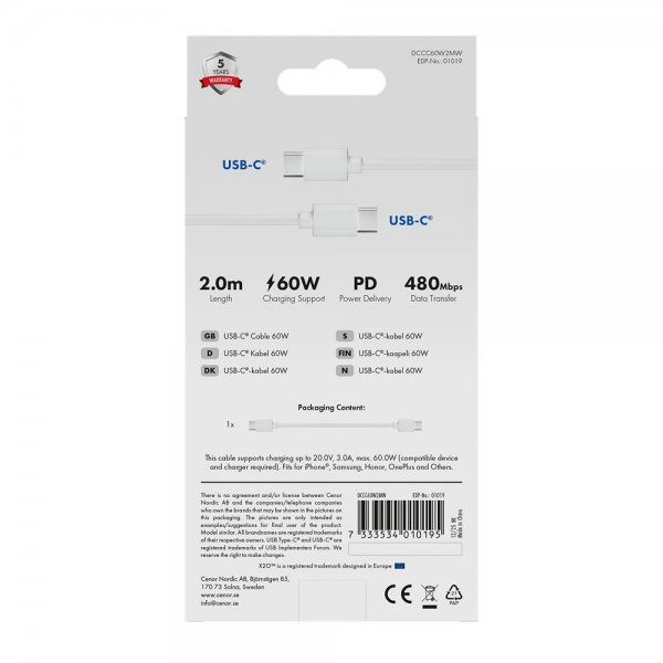 X2O USB-C til USB-C Kabel Basic 60W 2m Hvid