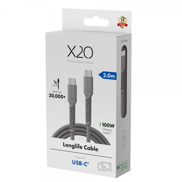 X2O USB-C til USB-C Kabel Longlife 100W 2m Grå