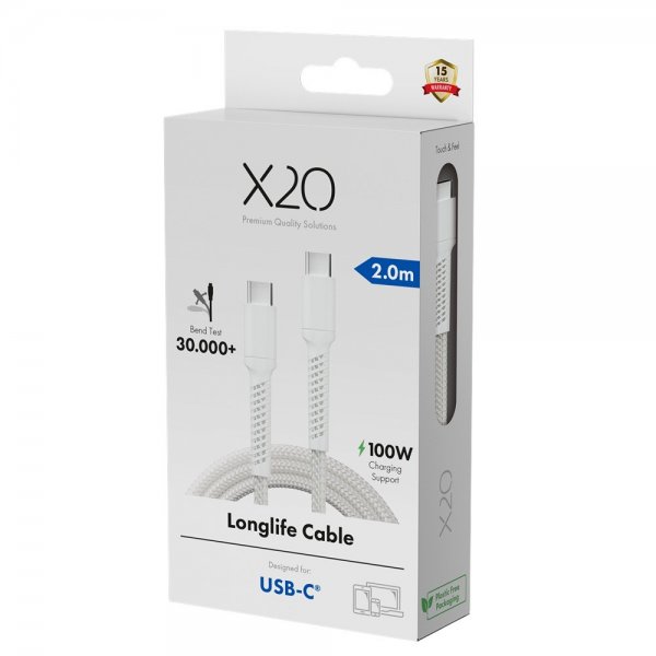 X2O USB-C til USB-C Kabel Longlife 100W 2m Hvid