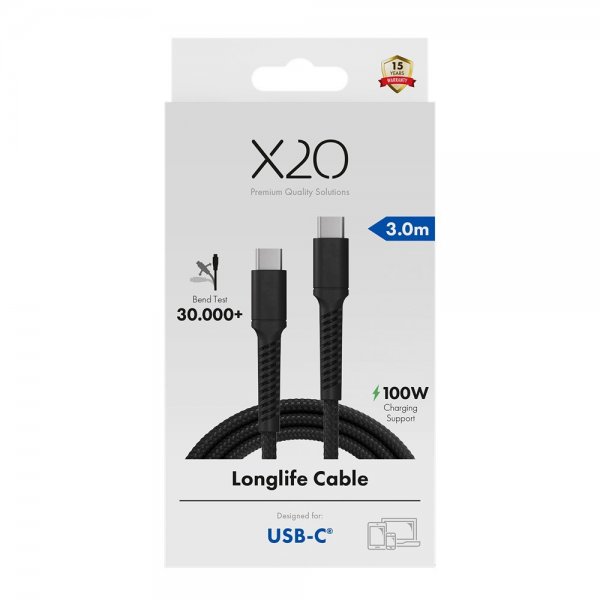 X2O USB-C til USB-C Kabel Longlife 100W 3m Sort